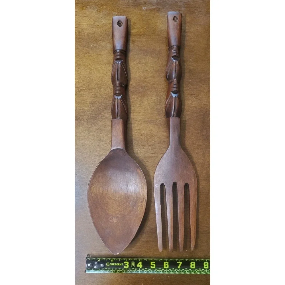 Vintage Hand Carved Wooden Fork and Spoon 20